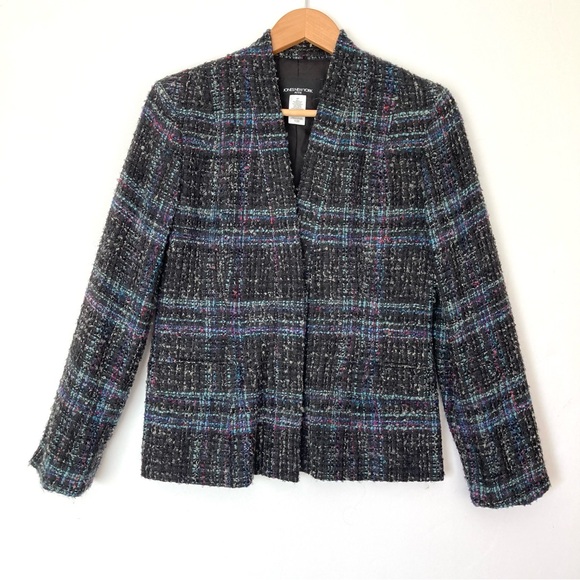 Jones New York Plaid Wool Blend Collarless Jacket Blazer Blue Black 8P - Picture 1 of 12